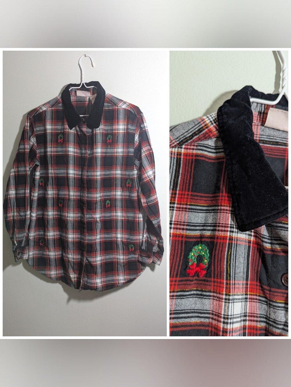 90s Basic Editions Holiday Embroidery Button Up Plaid Women's M/L Velour Collar